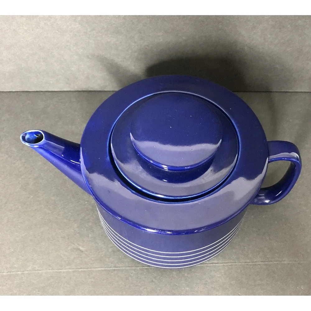 Sam Lebowitz Design COPCO Cobalt Blue Teapot with Lid 1982 Korea Striped Ceramic